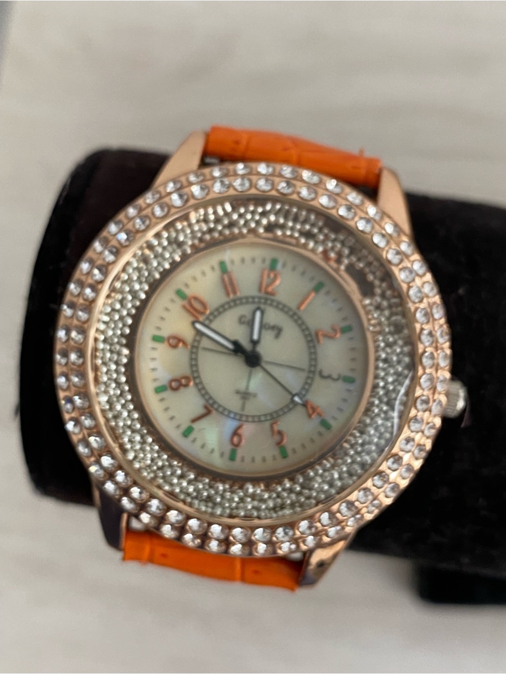 Crystal-Embellished Orange Strap Women's Watch